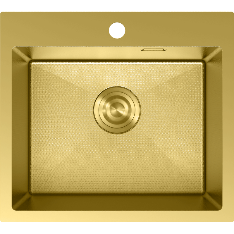 Stålvask Mexen Solix i gull, rektangulær med matt overflate, sett ovenfra med avløp og armaturhull.