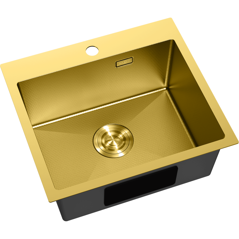 Kjøkkenvask Rustfritt Stål Mexen Solix i gull, rektangulær kum sett skrått ovenfra med teksturert overflate.