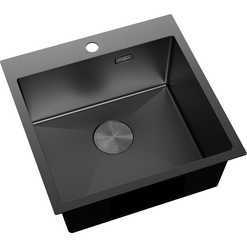Stål Kjøkkenvask svart firkantet Mexen Solix 500x500 mm med sølvfarget avløp sett ovenfra.