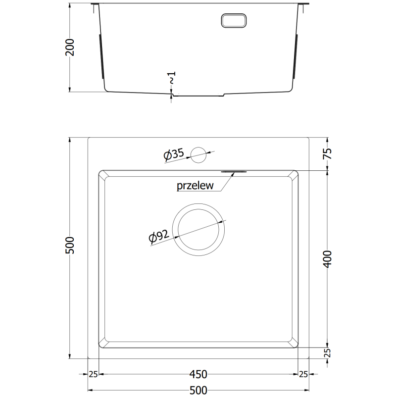 Kjøkkenvask i stål teknisk tegning med mål for Mexen Solix 500 x 500 mm, 1 kum.