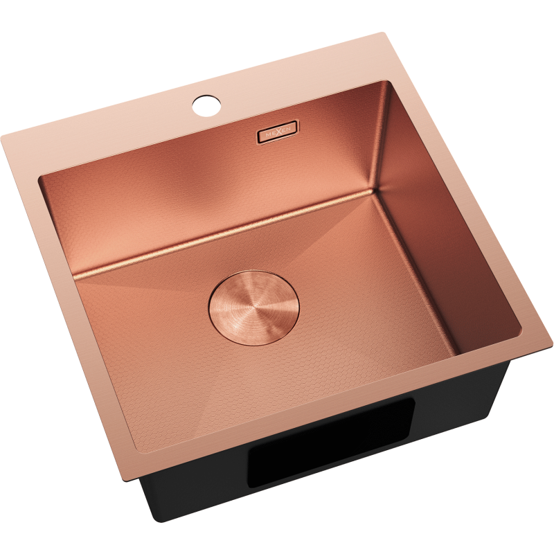 Stål Kjøkkenvask Mexen Solix 500 x 500 mm i kobber, sett ovenfra med matt overflate og sentrert avløp.