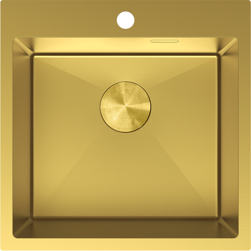 Kjøkkenvask i stål Mexen Solix 500x500 mm i børstet gull, sett ovenfra med rund bunnventil.
