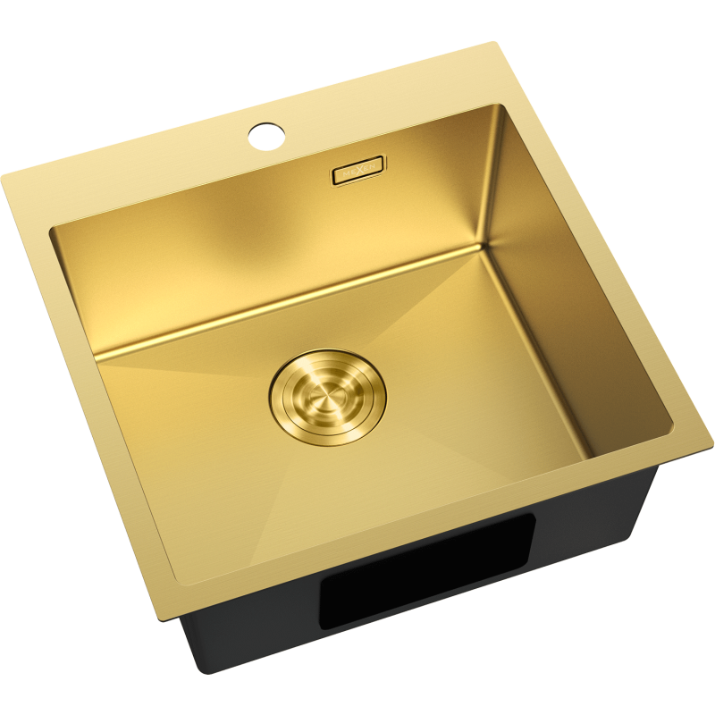 Kjøkkenvask Rustfritt Stål Mexen Solix 500 x 500 mm i gull, sett skrått ovenfra med overløp og avløp.