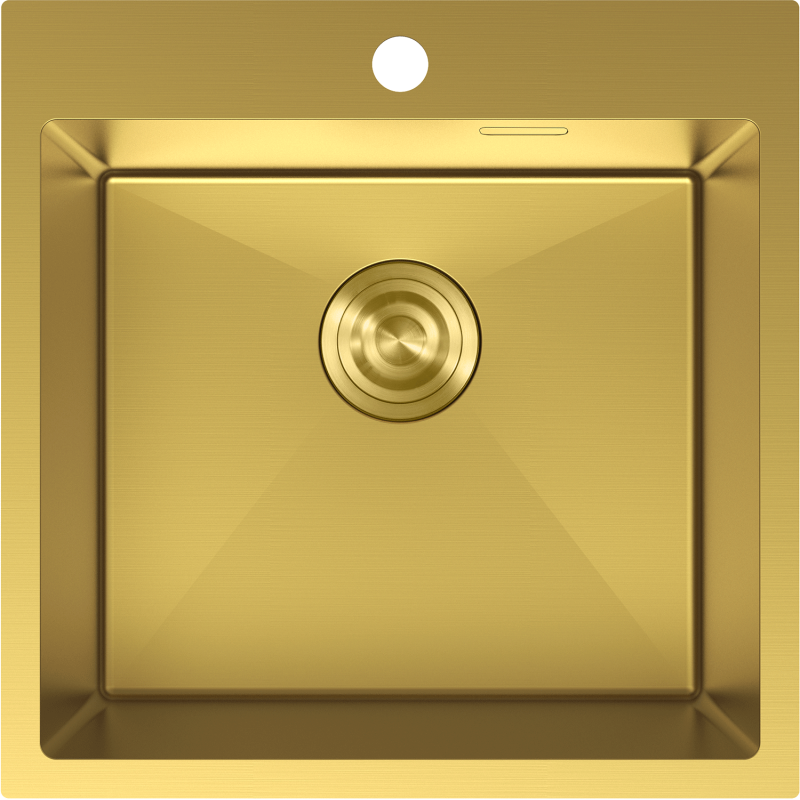 Stålvask Mexen Solix i gull, kvadratisk form sett ovenfra med sentrert avløp og rektangulær detalj.