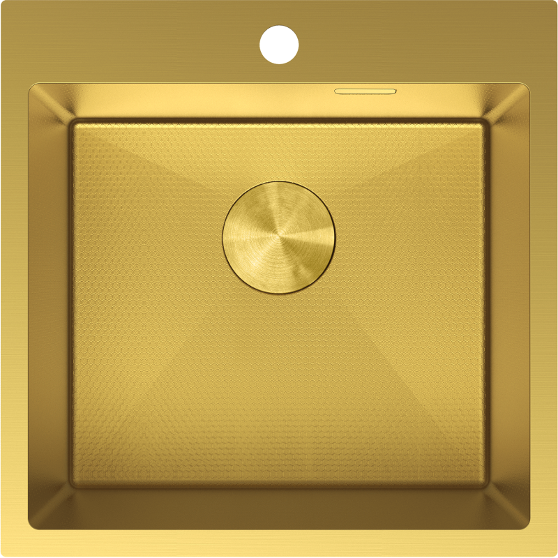 Kjøkkenvask i stål firkantet gull Mexen Solix 500x500 mm, sett ovenfra med strukturert overflate.