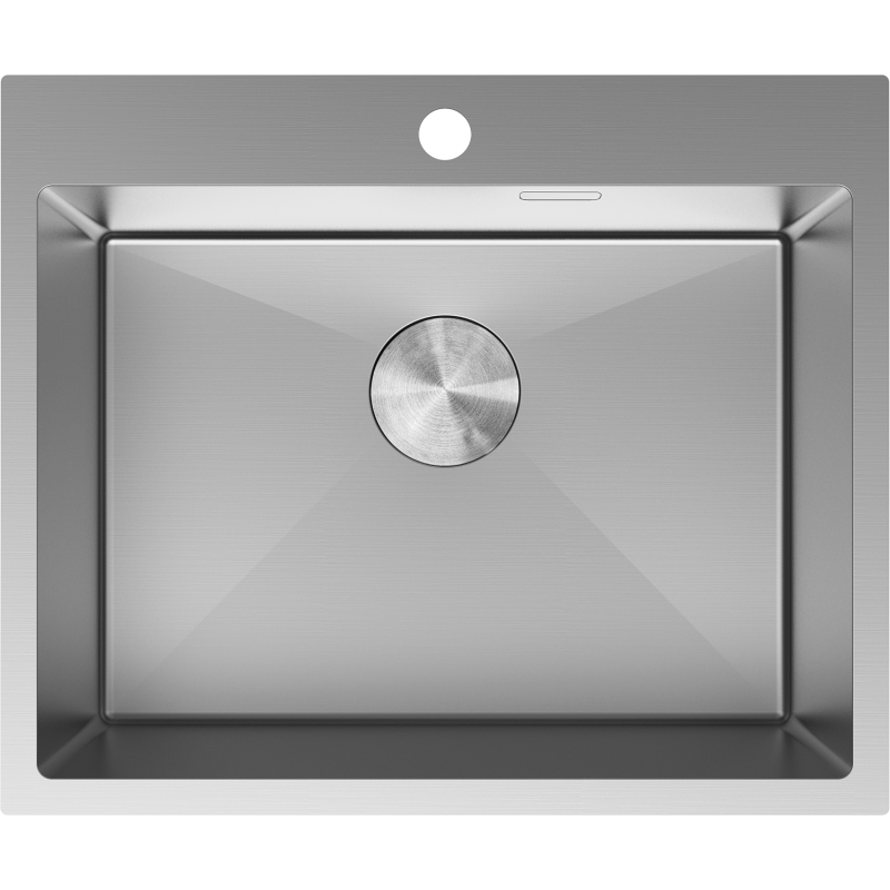 Kjøkkenvask i stål Mexen Solix 600 x 500 mm sett ovenfra med sentrert sluklokk og hull for blandebatteri.