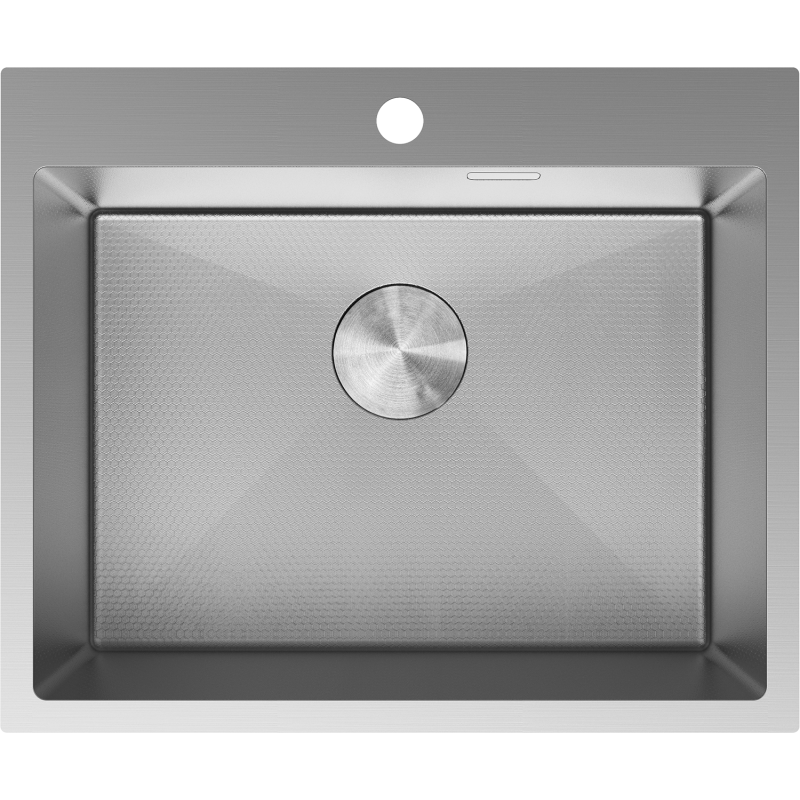 Kjøkkenvask i stål Mexen Solix 600x500 mm med sekskantmønster og sentrert rundt avløpslokk.