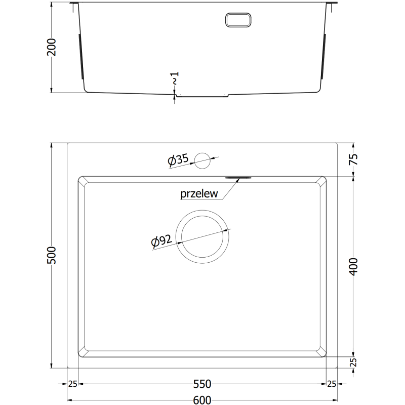 Kjøkkenvask i stål teknisk tegning med mål for Mexen Solix 600 x 500 mm, 1 kum, vist fra siden og ovenfra.