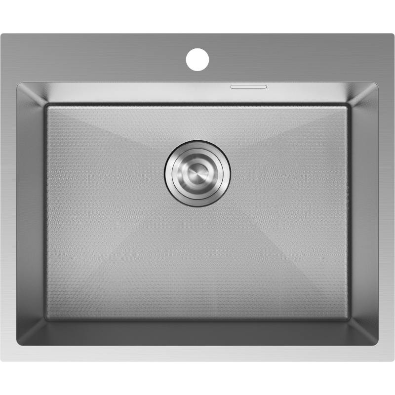 Stålvask Mexen Solix 600 x 500 mm sett ovenfra med sekskantmønstret bunn og synlig avløp.