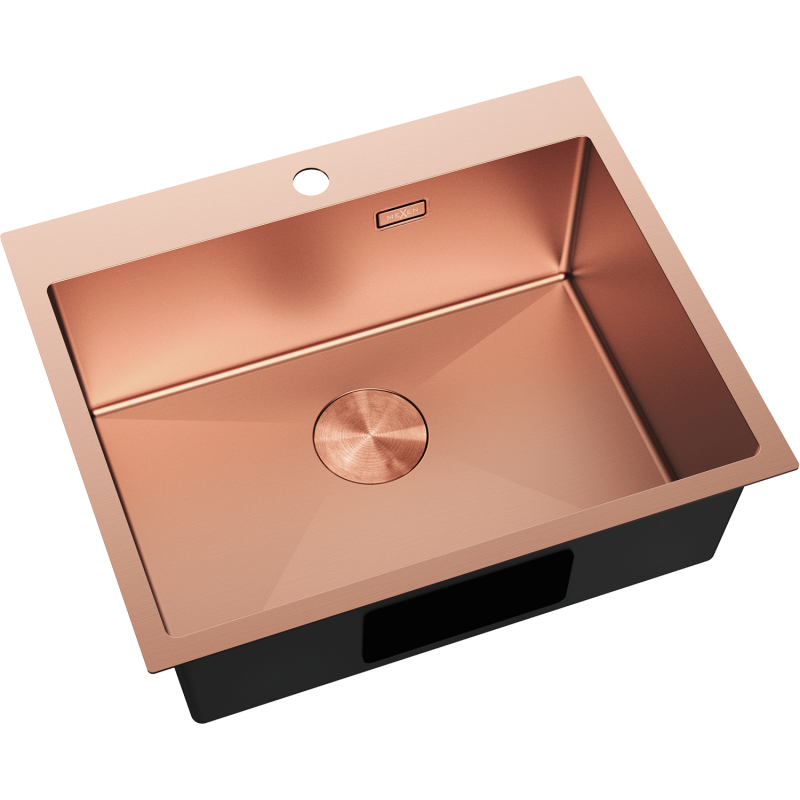 Stål Kjøkkenvask Mexen Solix i børstet kobber, rektangulær med sentrert avløp og åpning til blandebatteri.