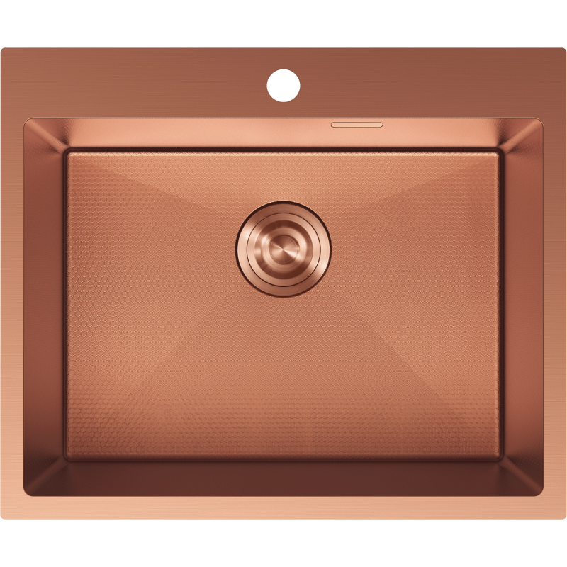 Stålvask Mexen Solix i kobber, rektangulær med teksturert overflate og sentrert rund avløp.