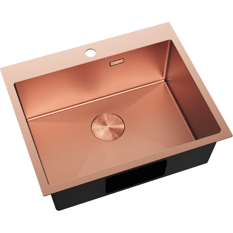 Stål Kjøkkenvask Mexen Solix i børstet kobber, rektangulær med sentrert avløp og strukturert overflate.