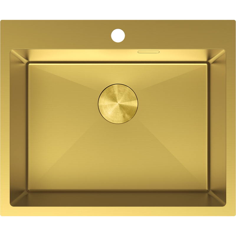 Kjøkkenvask i stål Mexen Solix i matt gull, rektangulær med bred kant og sentrert avløpslokk.