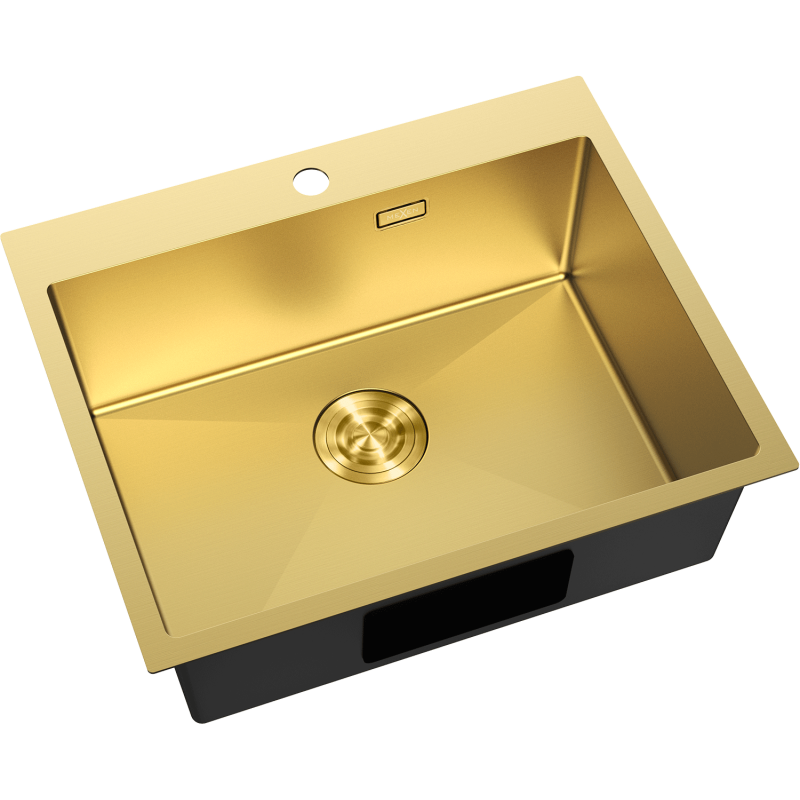 Kjøkkenvask Rustfritt Stål Mexen Solix i gull, rektangulær, sett ovenfra med avløp og hull til blandebatteri.