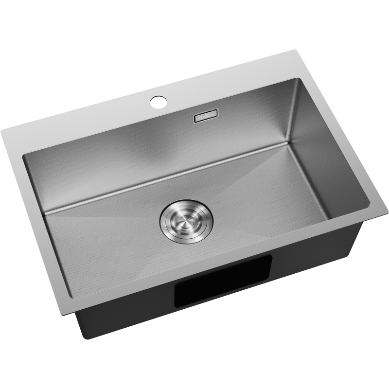 Kjøkkenvask Rustfritt Stål Mexen Solix sett ovenfra med avrundede hjørner og sluk i midten.