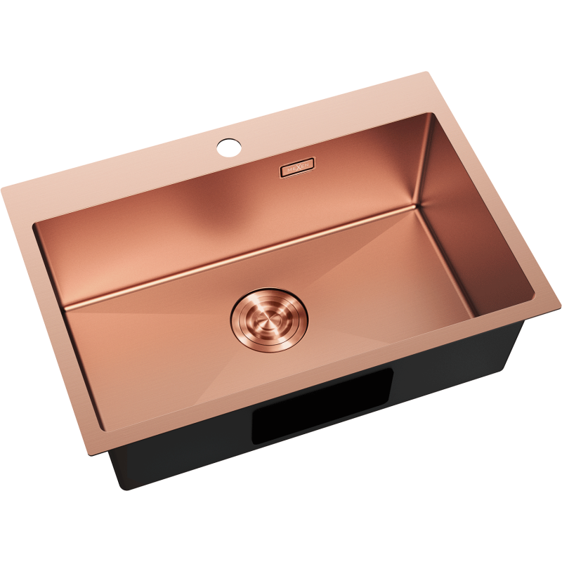 Kjøkkenvask Rustfritt Stål Mexen Solix i børstet kobber, rektangulær, sett ovenfra med avløp og armaturhull.