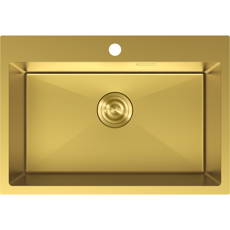 Stålvask Mexen Solix i børstet gull, rektangulær med synlig bunnventil og armaturhull sett ovenfra.