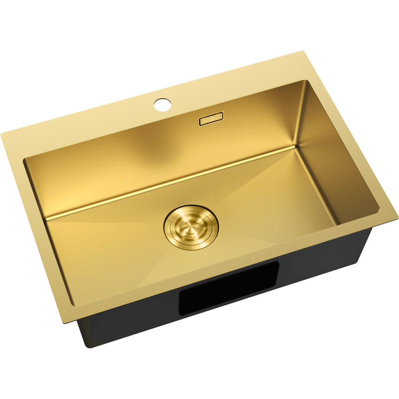 Kjøkkenvask Rustfritt Stål Mexen Solix gull 650x450 mm sett ovenfra med sentrert avløp og armaturhull.
