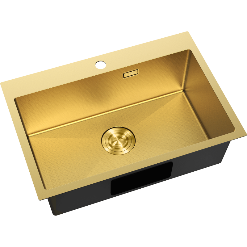 Kjøkkenvask Rustfritt Stål Mexen Solix gull, sett ovenfra med synlig tappehull og teksturert overflate.