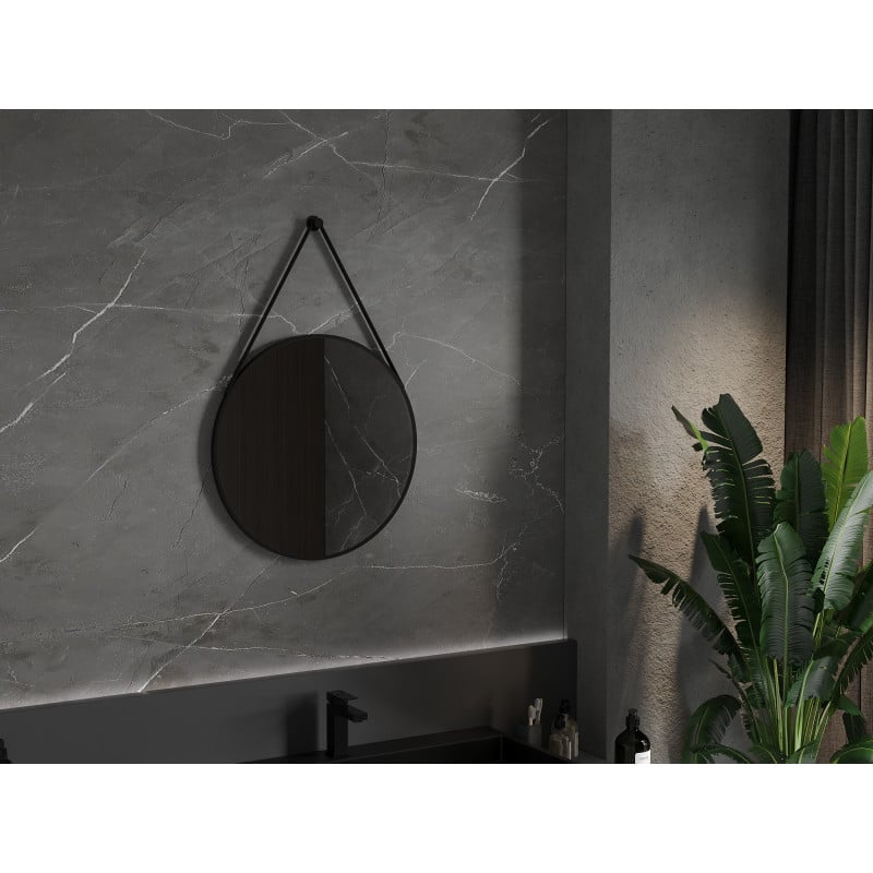 Speil til bad rund Mexen String 60 x 60 cm med svart ramme, henger på grå vegg over servant.