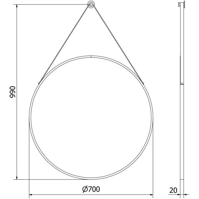Baderomsspeil teknisk tegning av rund Mexen String 70 cm med svart ramme, mål og oppheng vist.
