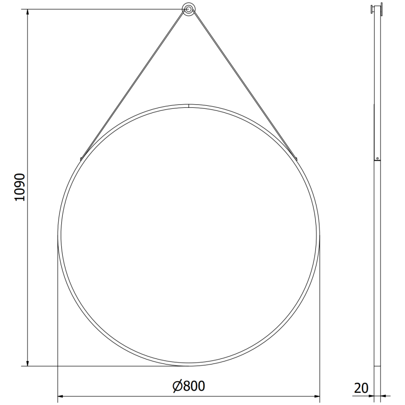 Baderomsspeil rund teknisk strekillustrasjon med mål for Mexen String 80 x 80 cm svart ramme.