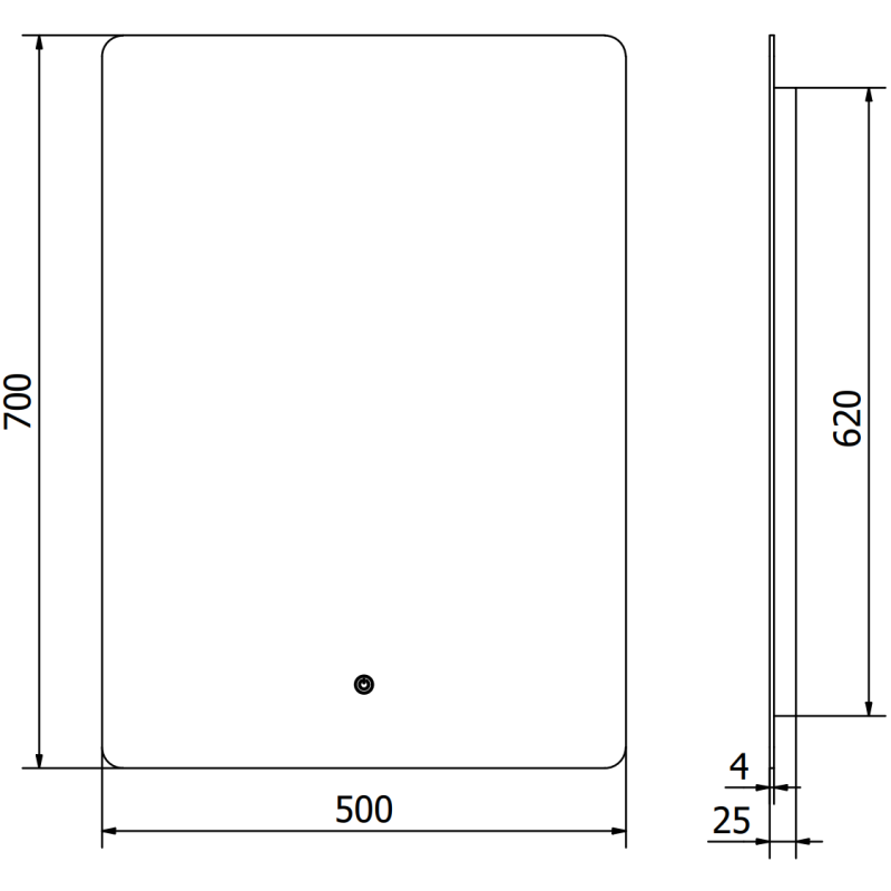 Speil med lys teknisk tegning av rektangulært speil 50x70 cm med avrundede hjørner og målmarkeringer.