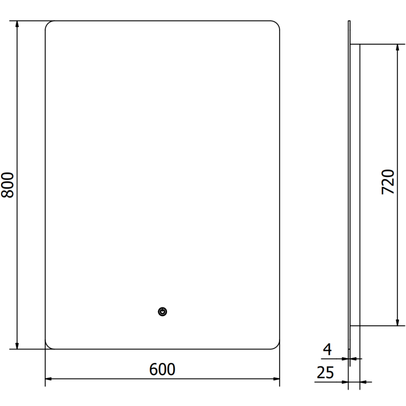Speil med lys teknisk tegning av rektangulært LED-speil 60 x 80 cm med mål og avrundede hjørner.
