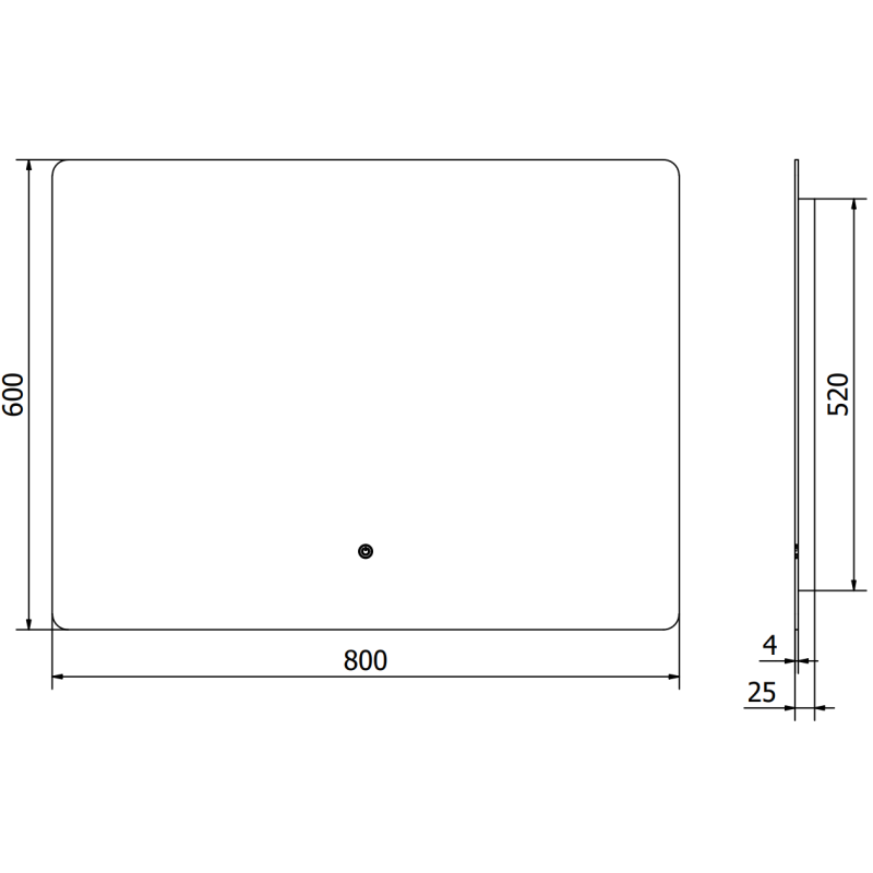 Speil med lys teknisk strektegning av rektangulært speil 80x60 cm med mål og sentrert hull.
