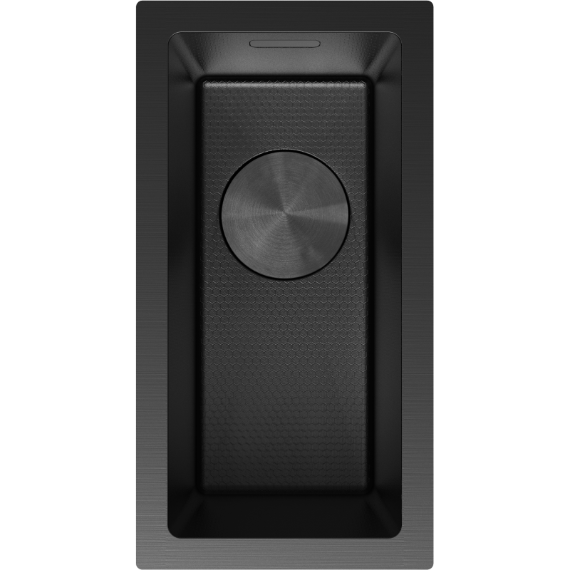 Kjøkkenvask i stål Mexen Trixo svart, rektangulær med mønstret bunn og rund sluk, sett ovenfra.