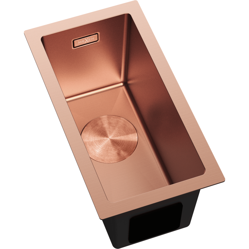 Stål Kjøkkenvask Mexen Trixo i børstet kobber, rektangulær, sett ovenfra med rund bunnventil.