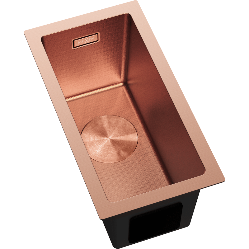 Stål Kjøkkenvask Mexen Trixo i kobber, rektangulær, sett ovenfra med bikubemønster og matt finish.