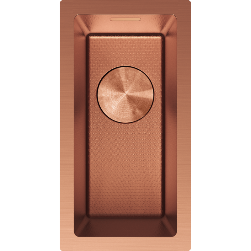 Kjøkkenvask i stål Mexen Trixo 230 x 440 mm i børstet kobber med hexagon-mønstret bunn.