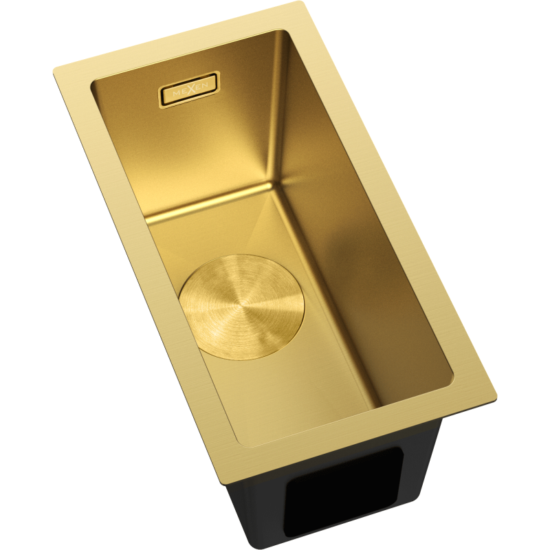 Stål Kjøkkenvask Mexen Trixo i gull, rektangulær med avrundede hjørner og synlig dreneringslokk.