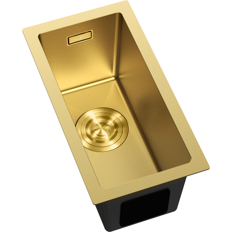 Kjøkkenvask Rustfritt Stål Mexen Trixo i gull, rektangulær med avrundet avløpsrist og glatt overflate.