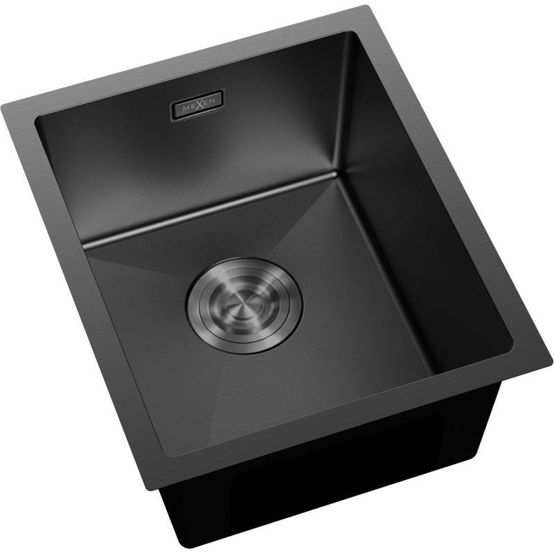 Kjøkkenvask Rustfritt Stål svart Mexen Trixo 370 x 440 mm sett ovenfra med sentrert avløp.