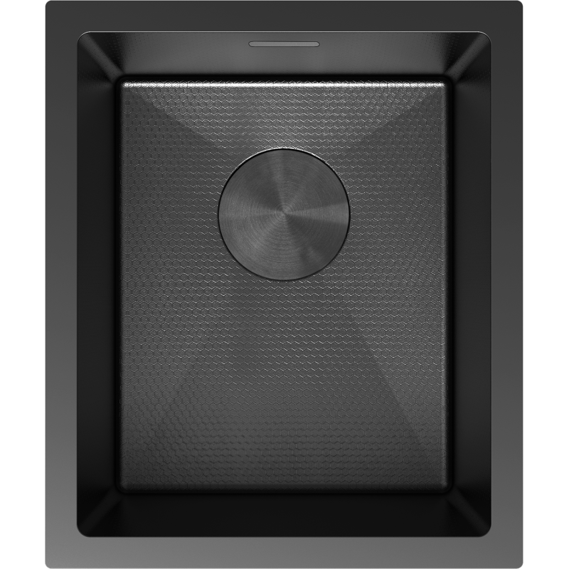 Kjøkkenvask i stål 370 x 440 mm, svart firkantet med matt mønstret overflate og rund avløpsdeksel.