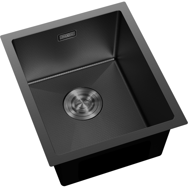 Kjøkkenvask Rustfritt Stål Mexen Trixo svart med strukturert overflate, sett skrått ovenfra.