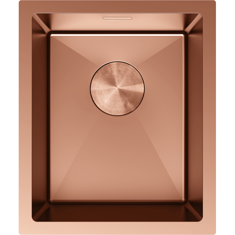 Kjøkkenvask i stål Mexen Trixo 370 x 440 mm i børstet kobber, sett ovenfra med midtstilt avløp.