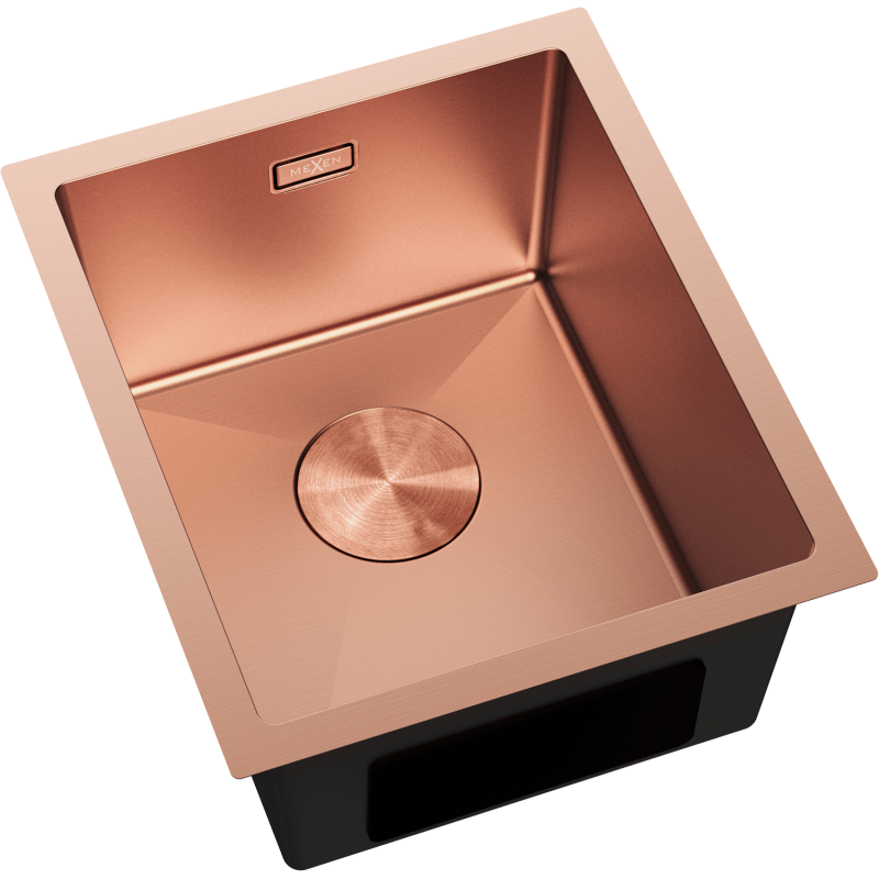 Stål Kjøkkenvask Mexen Trixo i børstet kobber, rektangulær, sett ovenfra med avløpsdeksel og merkeplate.