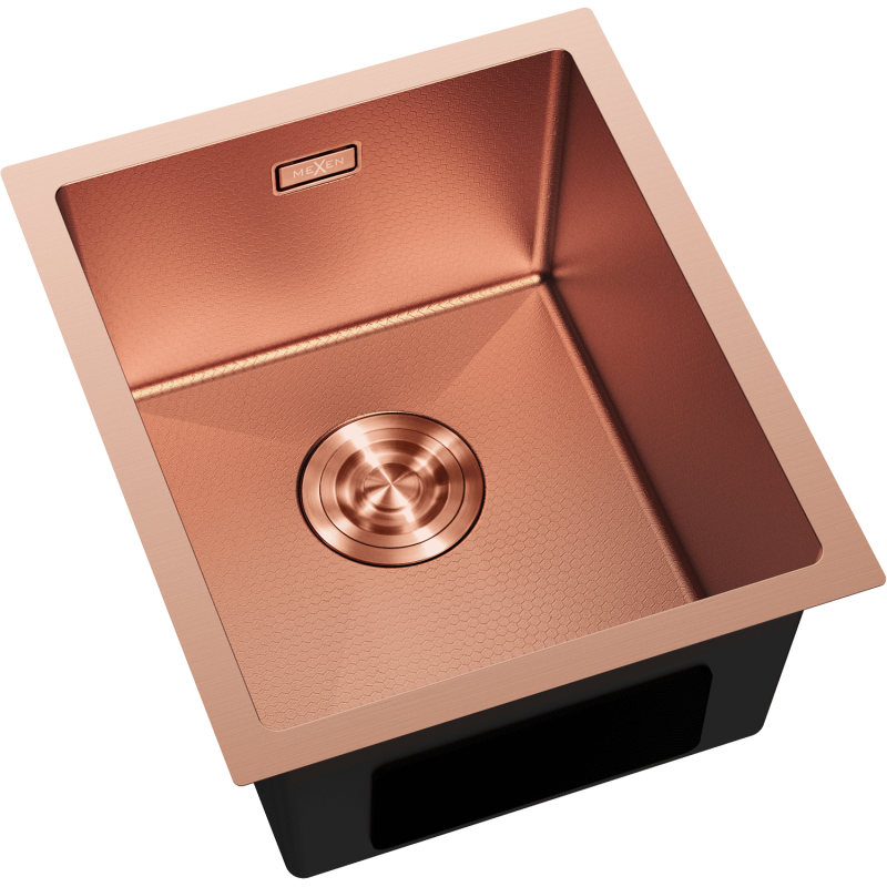 Kjøkkenvask Rustfritt Stål Mexen Trixo kobber, firkantet med børstet overflate og sentrert avløp.