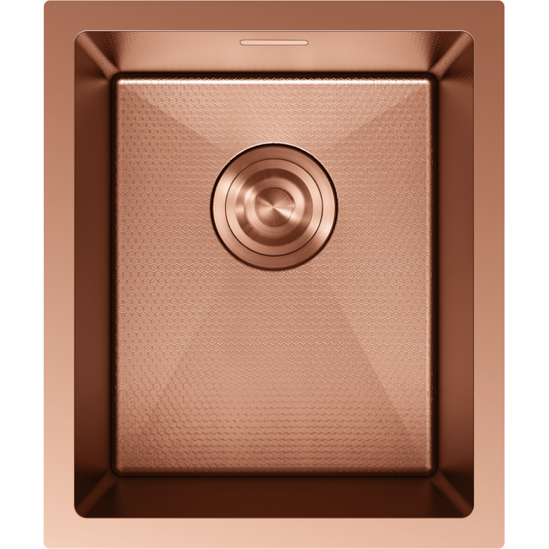 Stålvask Mexen Trixo i børstet kobber, rektangulær med sekskantet struktur og rund avløp.