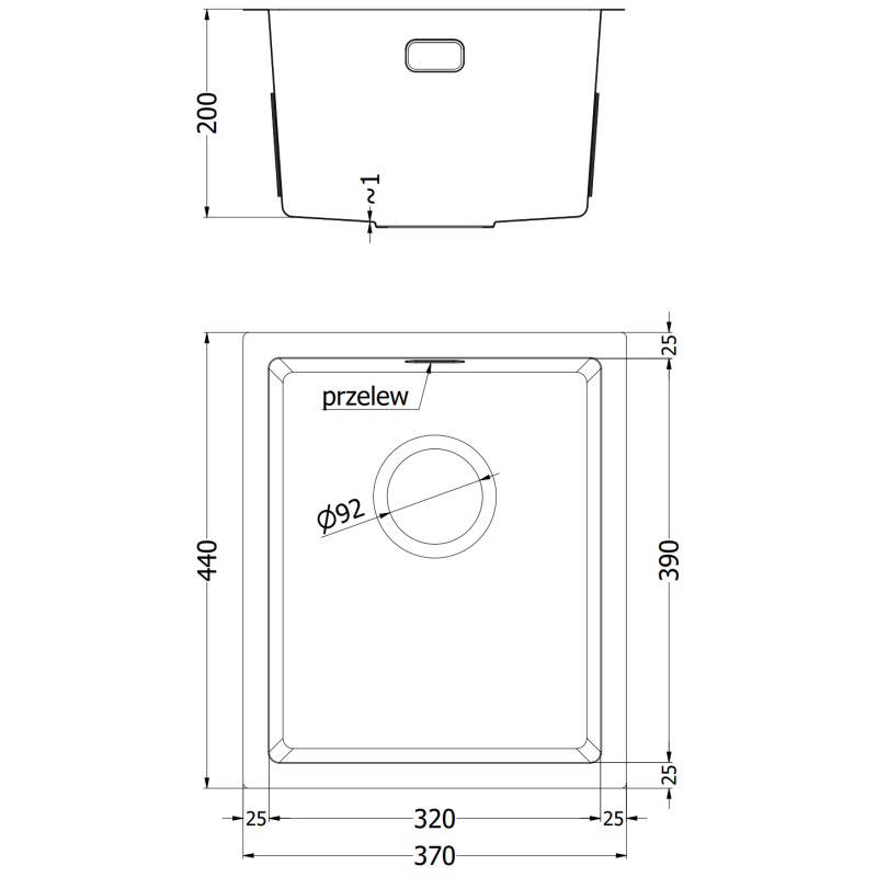 Kjøkkenvask i stål teknisk tegning av Mexen Trixo 370 x 440 mm med mål, overløp og avløp.