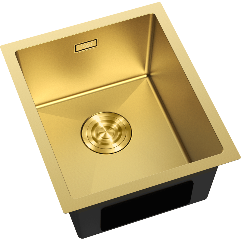 Kjøkkenvask Rustfritt Stål Mexen Trixo gull 370 x 440 mm sett ovenfra med avrundede hjørner og avløp.
