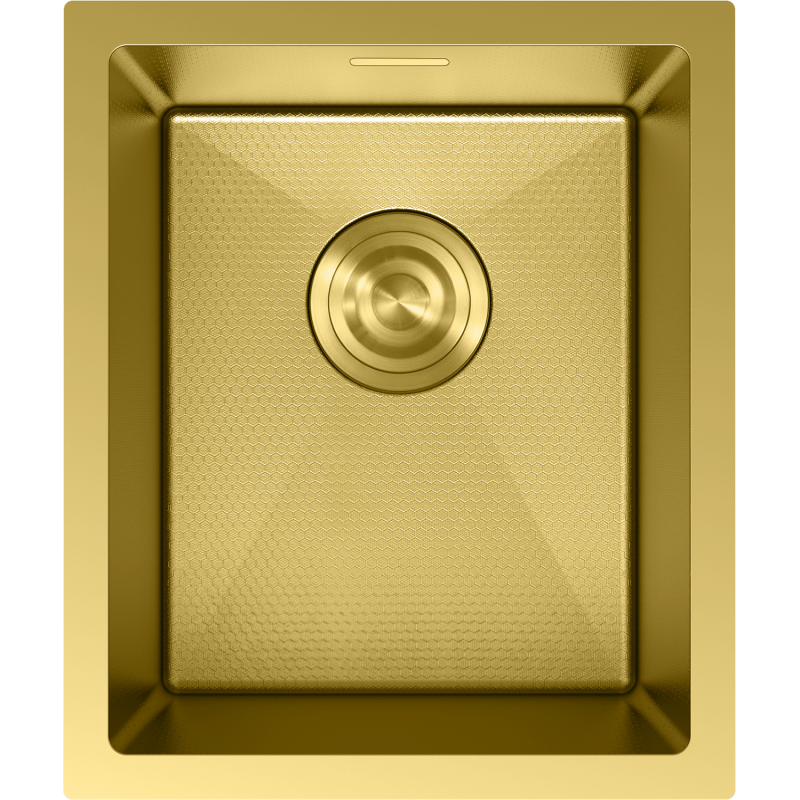 Stålvask Mexen Trixo i børstet gull med sekskantmønster, sett ovenfra og sentral avløpsrist.