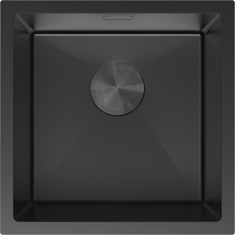 Kjøkkenvask i stål Mexen Trixo svart 440 x 440 mm med rund sluk og avrundede hjørner sett ovenfra.