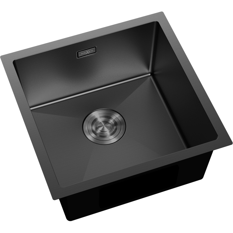 Kjøkkenvask Rustfritt Stål svart Mexen Trixo 440x440 mm sett ovenfra med rund avløp og logo.
