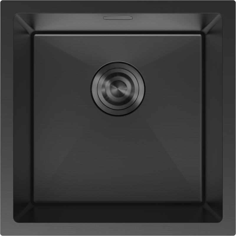 Stålvask Mexen Trixo 440 x 440 mm i sort børstet metall, sett rett ovenfra med sentrert avløp.