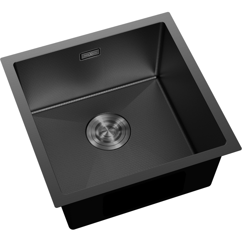 Kjøkkenvask Rustfritt Stål svart Mexen Trixo 440x440 mm med rund avløpsrist, sett i skrå vinkel.