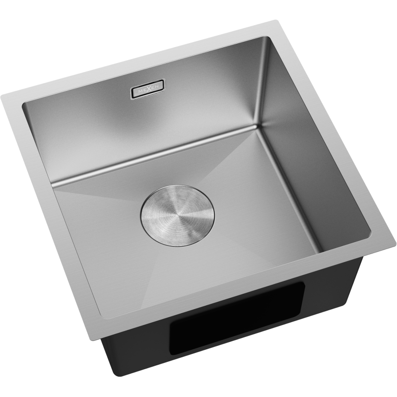 Stål Kjøkkenvask Mexen Trixo 440 x 440 mm sett ovenfra med avrundet hjørne og sentrert avløp.